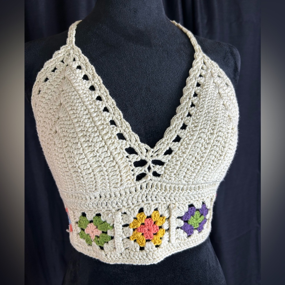 WOWO Colorful Crochet Crop Bra Halter Top XL a22